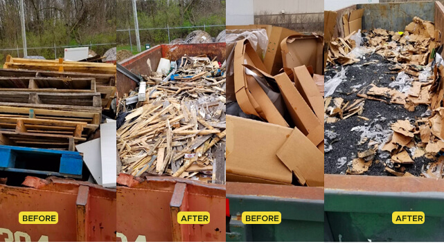 Before & After Pictures of Dumpster Compacted with Crushr's National Mobile Dumpster Compactor Service